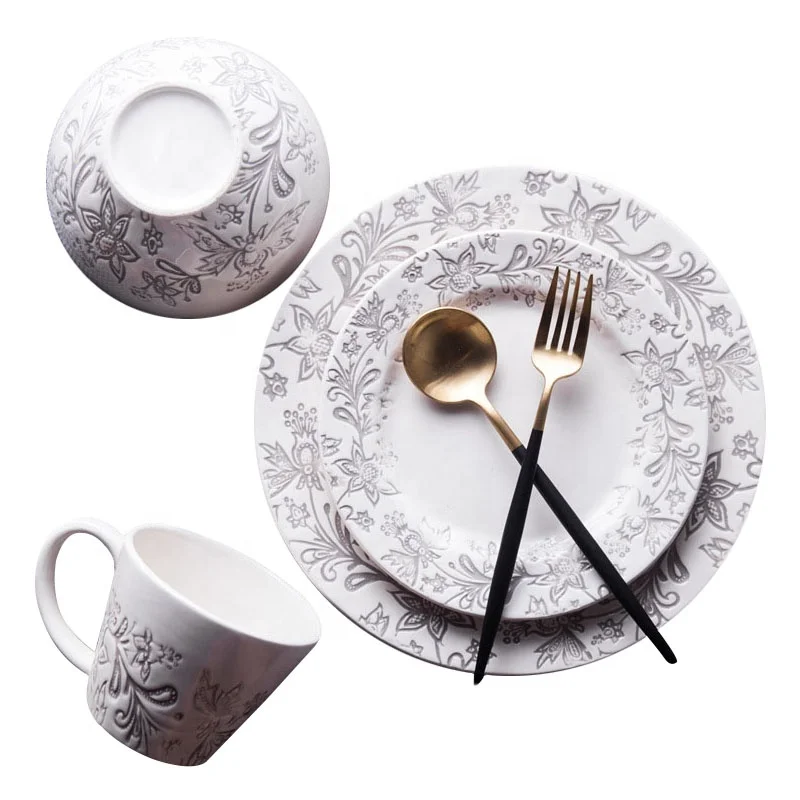 

Elegant Ceramic 16pcs Sinnerware Sets with Embossed Design for 4 Persons