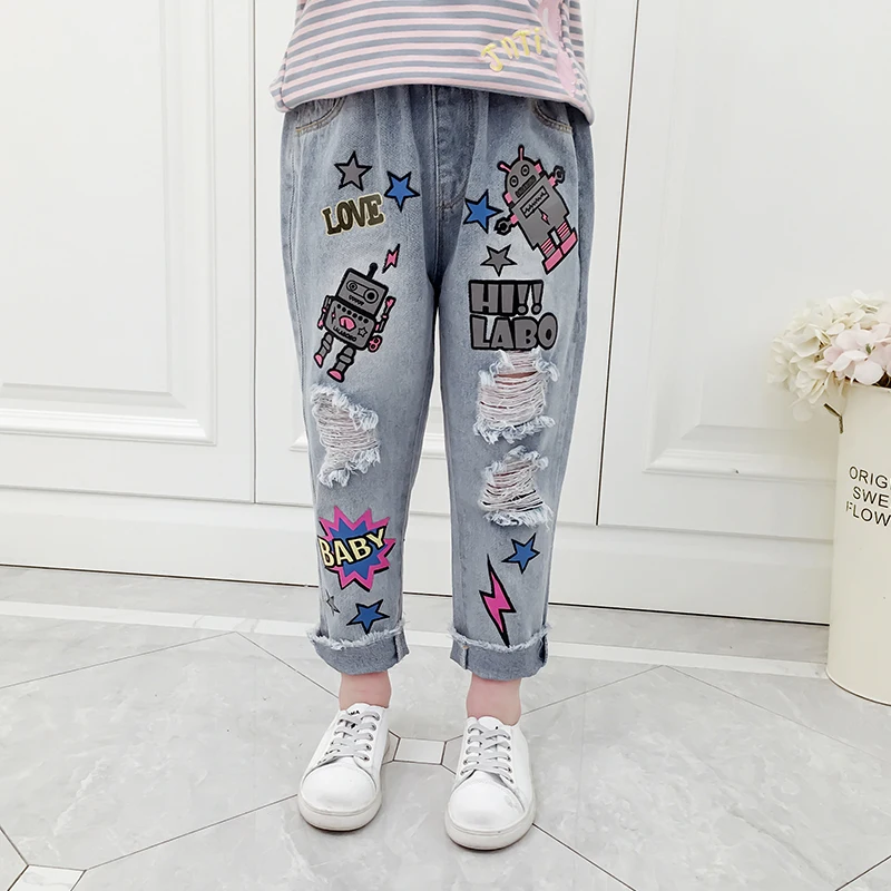 
Hot Sale Girls Spring Fashionable Cartoon Printed Kids Loose Elastic Waist Jeans Pants 