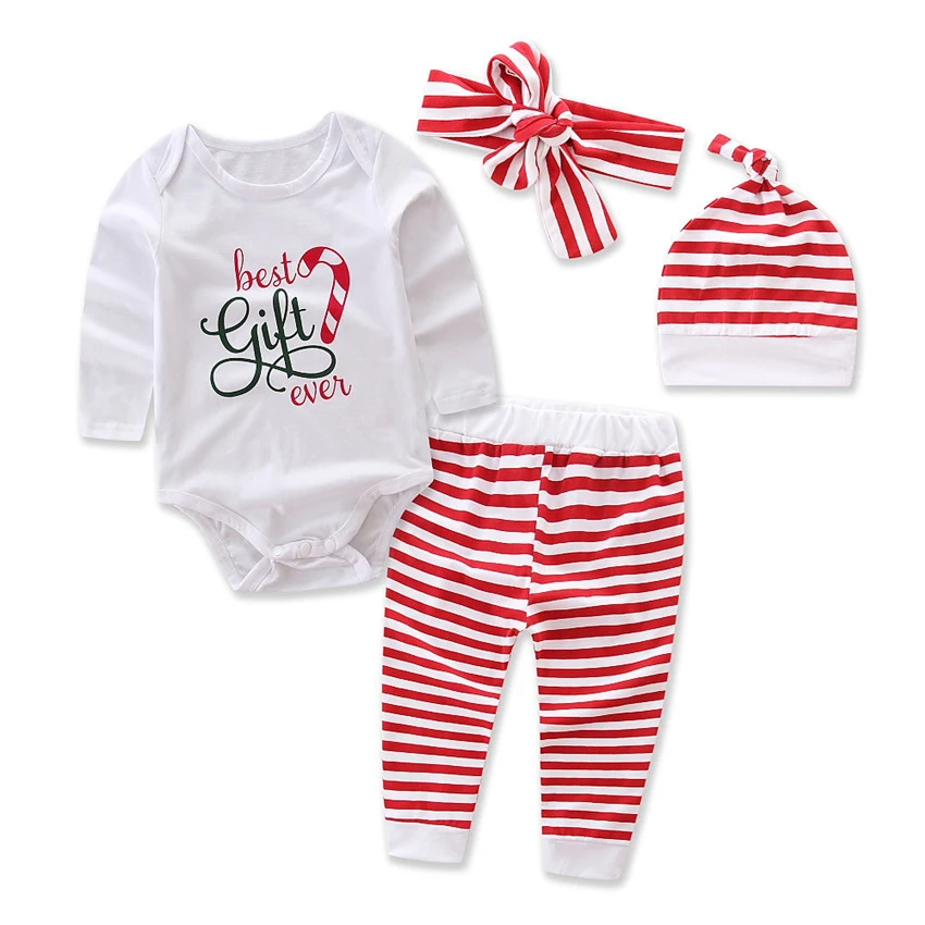 

Christmas Clothes Newborn Infant Baby Girl Clothes Set Bodysuit Tops Pants Outfits Headband Beanie 4pcs Cute Baby Girls Clothing, As picture