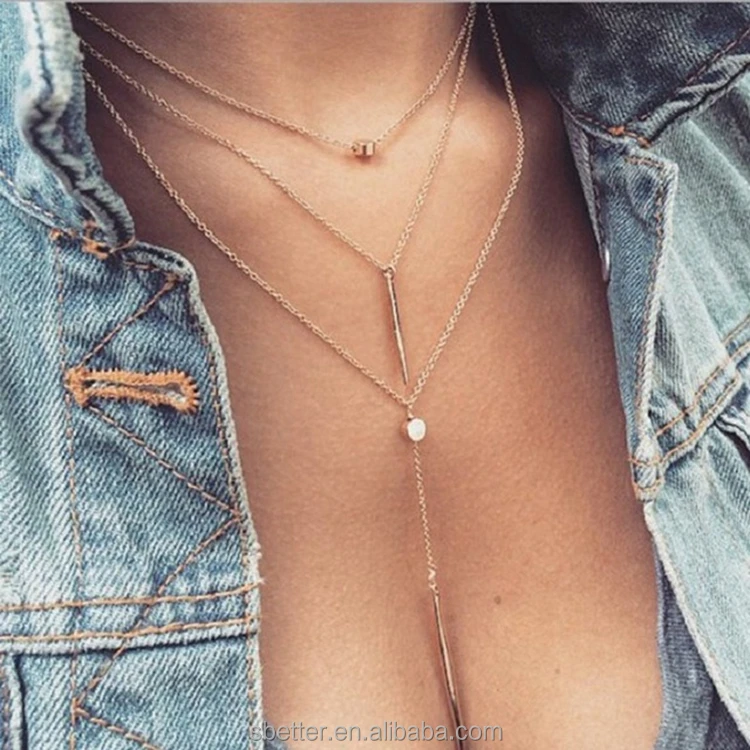 

Fashion Alloy Metal Pendant Necklace 3 Layers Chain Necklace Women Statement Gold Choker long Necklaces Jewelry