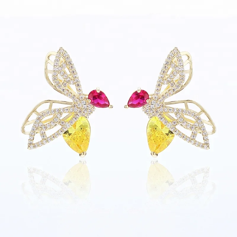 

New design bee stud earrings with zircon for cute girls Top Quality Jewelry, Gold;blue;silver