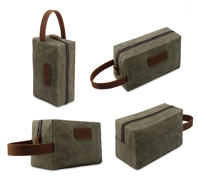 Travel waterproof men toiletry leather outdoor waxed canvas cosmetic zipper bags designer (2)