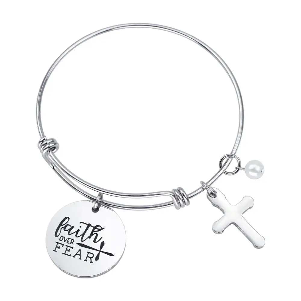 Faith over fear 316L Stainless Steel silver cross Bangle Engraved Inspirational Bracelets
