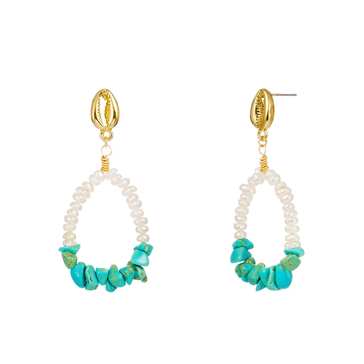 

Tiny Freshwater Pearl Beaded And Turquoise With Cowrie Shell Drop Stud Earrings