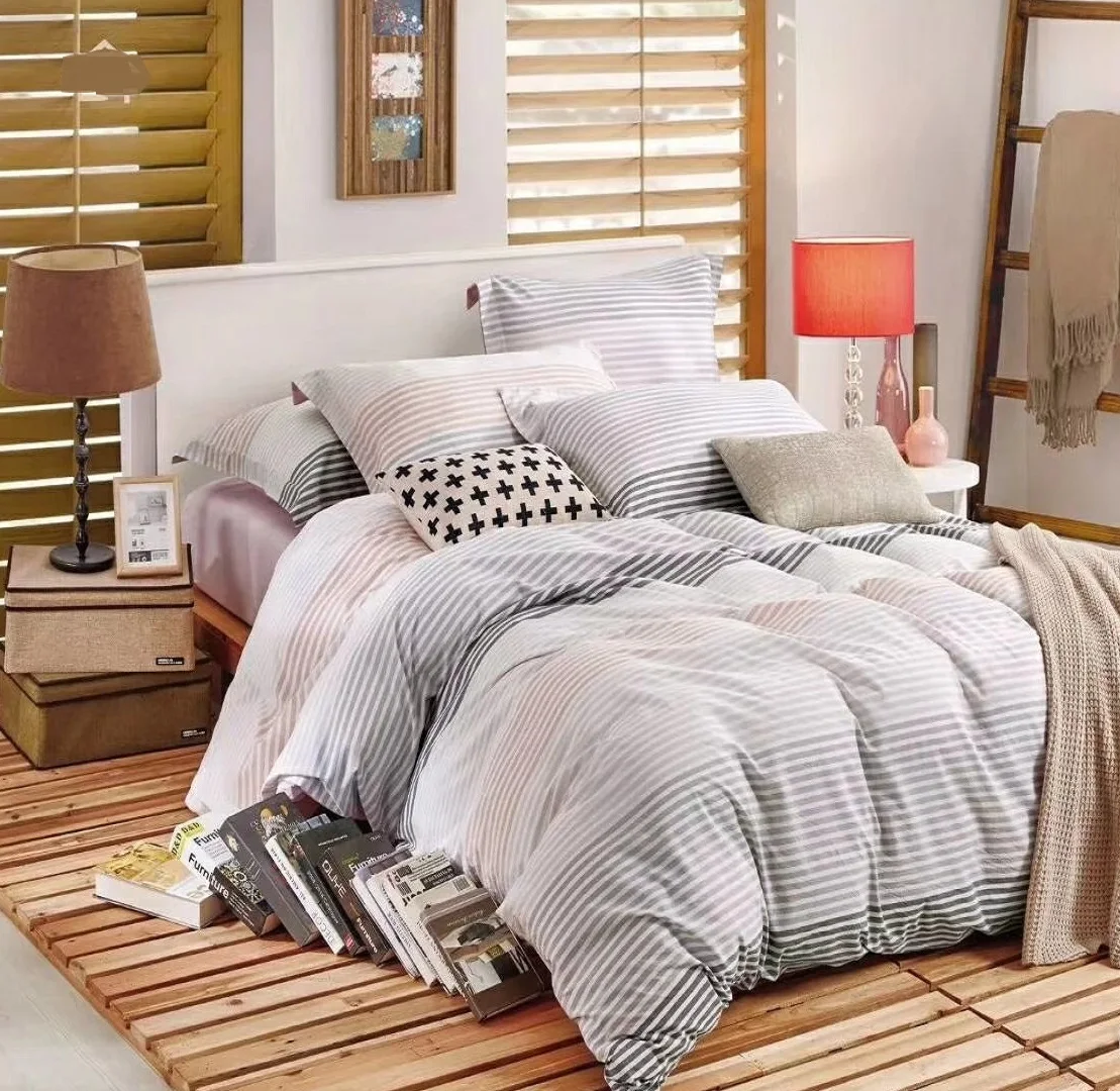 
100% cotton Stripe linen woven fabric buying Duvet Cover, Washed yarn dyed plaid check Comforter bedding sheet sets. 