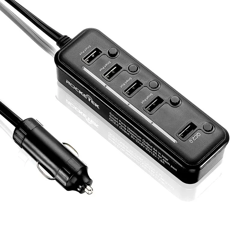 

Best quality travel 12v 5a output 5 port usb car battery charger, Black