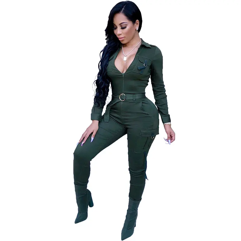 

Large Size Womens Deep V Soho Belted Zipper Jumpsuits, N/a