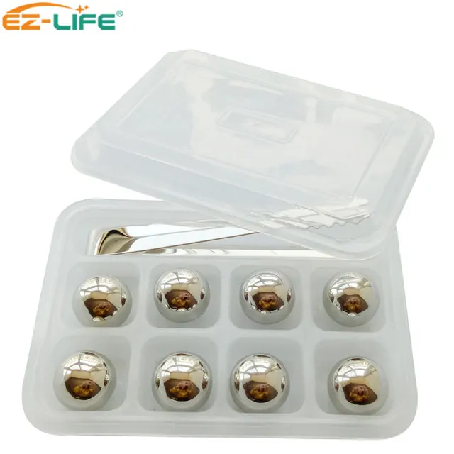 

8 pcs/set Men Gifts Set reusable metal ice cube Stainless Steel Ball Whiskey Stones set with tong for wine cooler, Silver