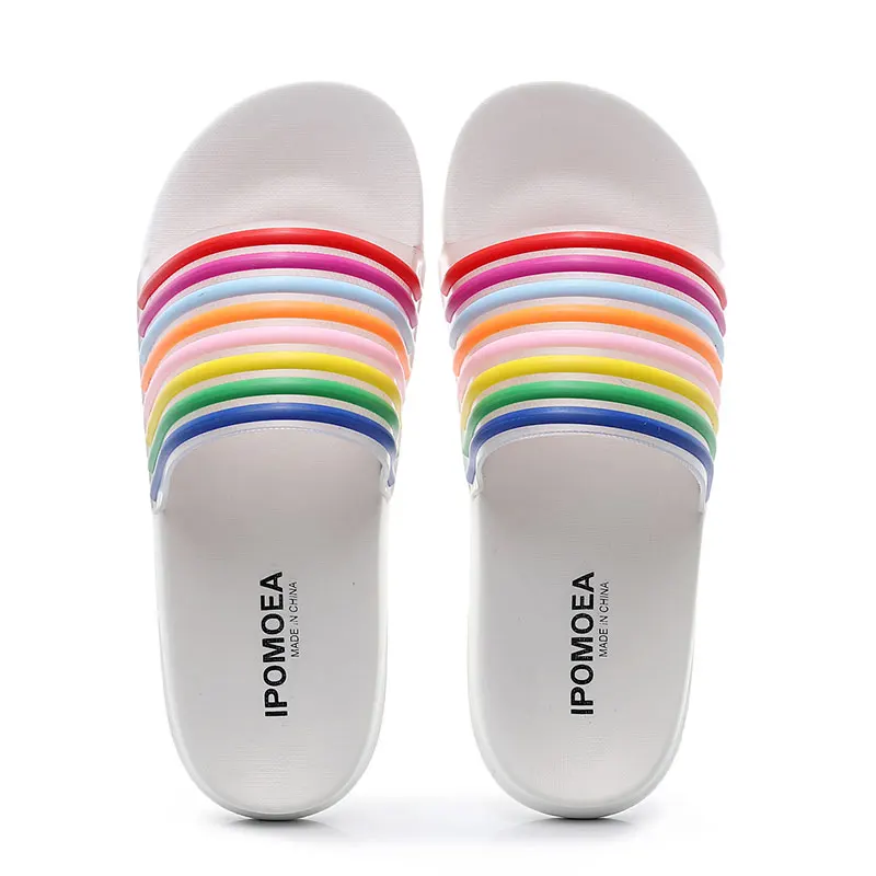 latest design women summer slippers Custom logo lady branded eva flat rainbow jelly slide sandals
