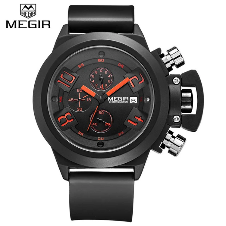 

MEGIR 2002 G Sport 6 hands big case watch for men Megir cheap black and white silicone watch