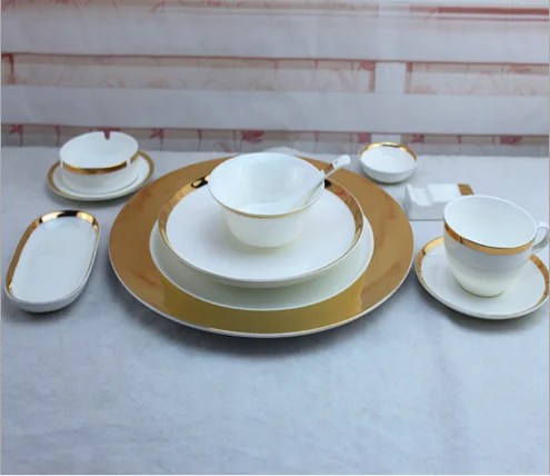 Dubai Luxury bone china white dinner plate with gold rim dinnerware ware set