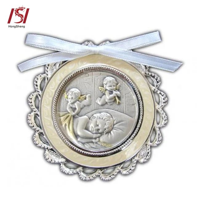 Custom Religious Pewter Guardian Angel Crib Medal With Ribbon Box