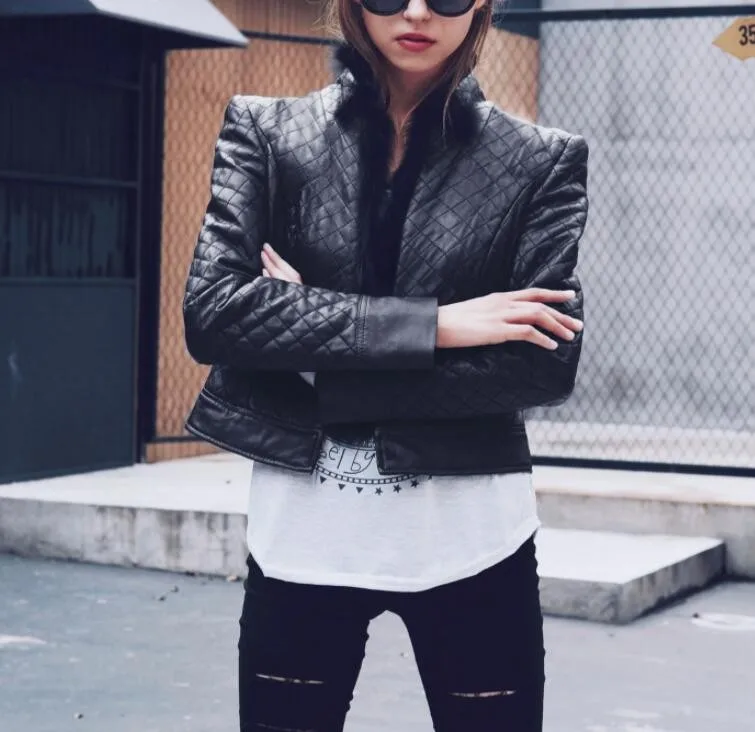 

Popular Surcoat Stand Collar Fur Collar Short Ladies Leather Jackets, Black