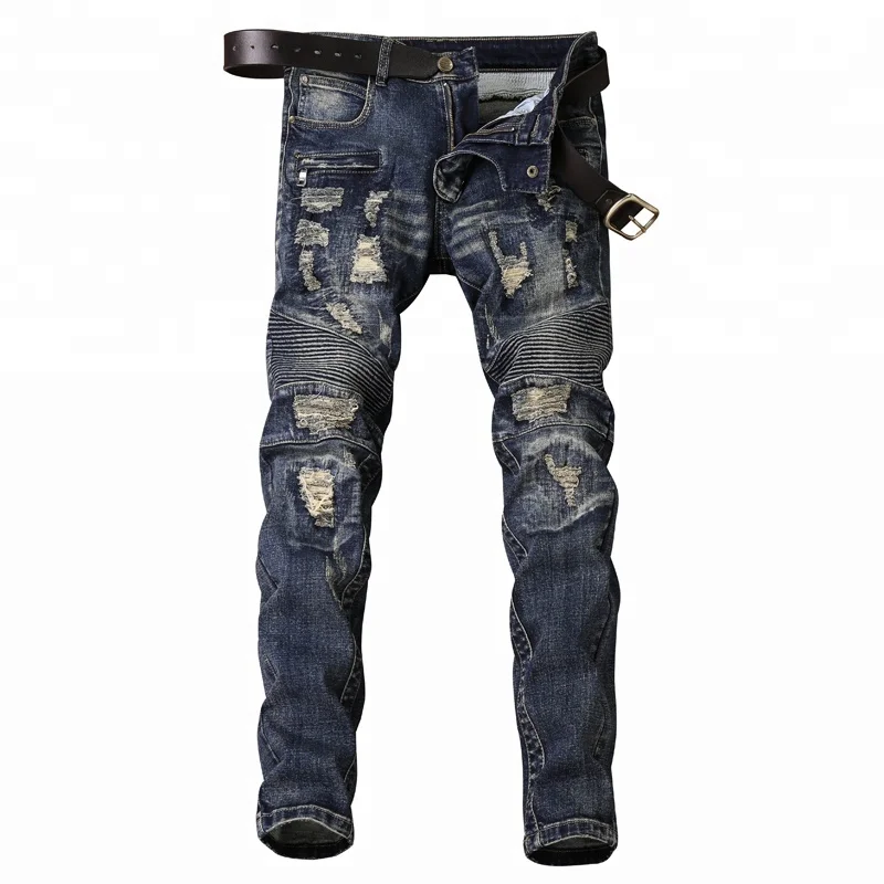 

China Factory Wholesale US Traditional Style Skinny BIker Jeans Distressed Denim Pants, Blue