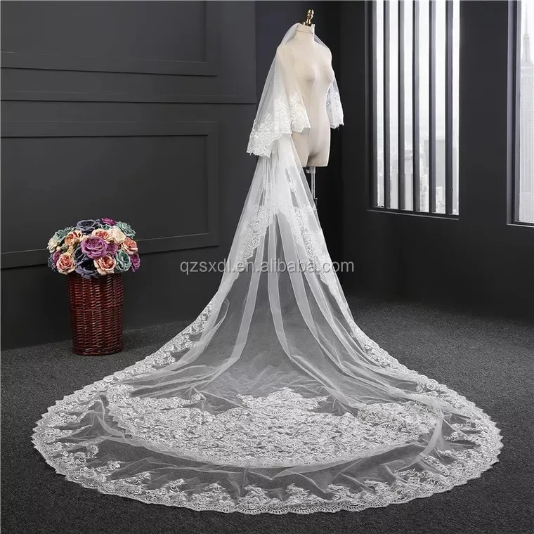 

Wholesale Appliqued Lace Ivory Cathedral Wedding Bridal long Veil, White/ivory