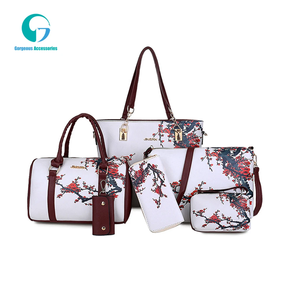 

New spray flower women bag sets 6 piece ladies portable shoulder bag for large capacity bucket handbag, As shown