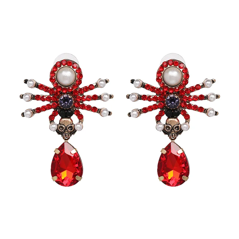 

Vintage Crystal Pearl Spider Earrings Creative Gold Tone Skull Diamond Pearl Spider Earrings with Water Drop Rhinestone Pendant, As picture