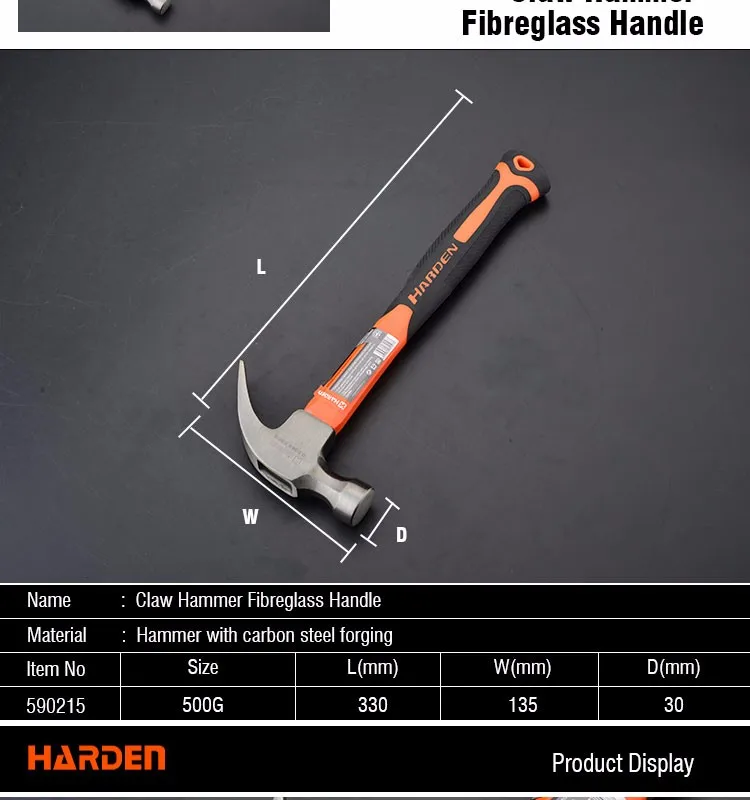 Professional Carbon Steel Hand Tool Fiberglass Handle Claw Hammer