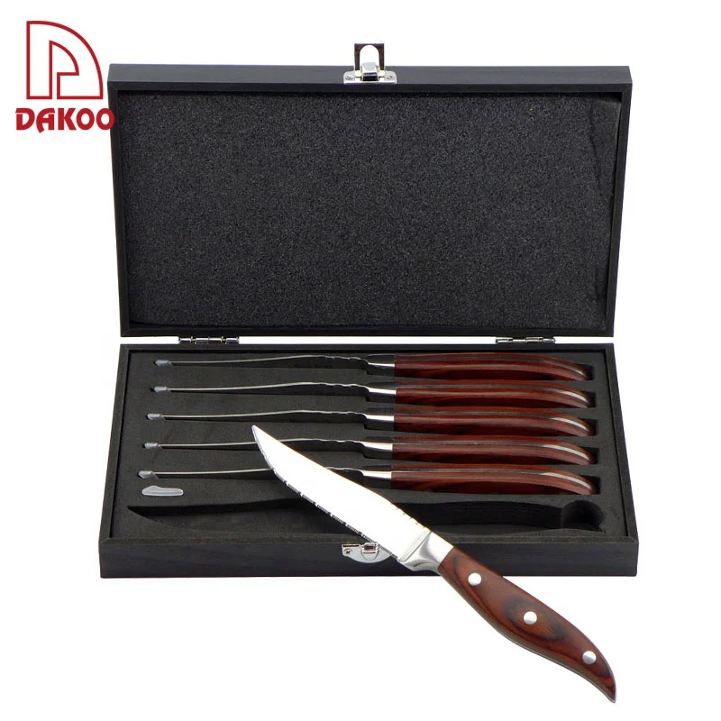 

Custom steak knives set 6pcs pakka wood handle knife with wooden Knife gift box, Red