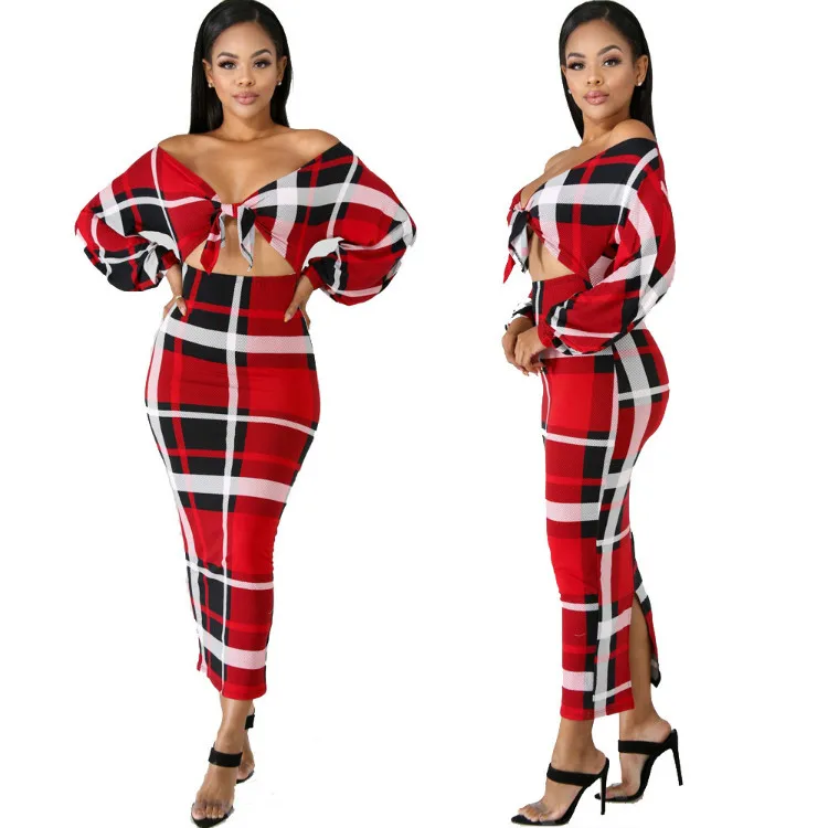 

Wholesale Sexy Maxi Dress Stylish Lace Up Tie on Front Printed Off Shoulder Dress Red Bodycon Plaid Dress, N/a
