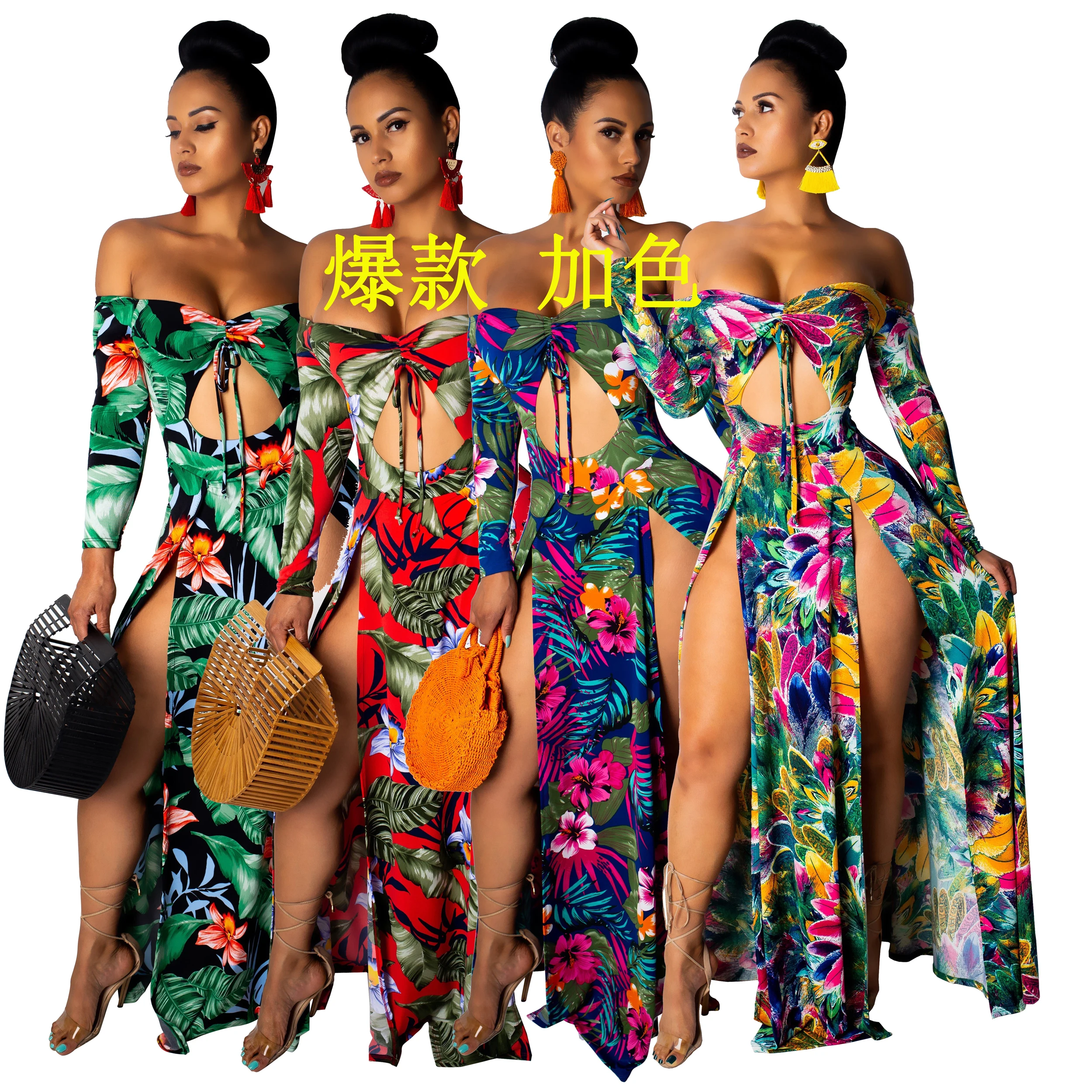 

2019 elegant wholesale plus size off shoulder floral long sleeve maxi dres