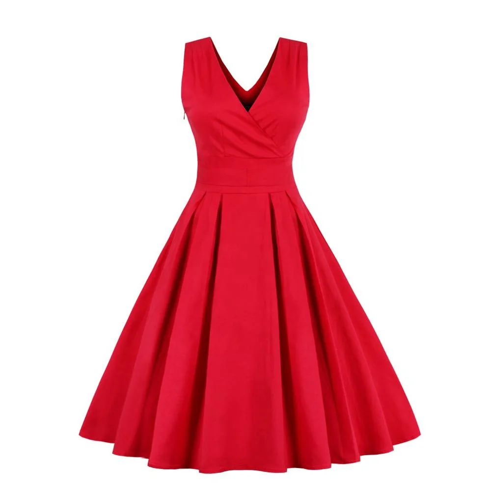 

Wholesales Women Lady Big Girls Dresses Party Cocktail Retro Vintage Swing Dress Solid Surplice Neck Back Bow Tie Pleated Dress