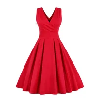 

Wholesales Women Lady Big Girls Dresses Party Cocktail Vintage Swing Dress Solid Surplice Neck Back Bow Tie Pleated Dress 1325