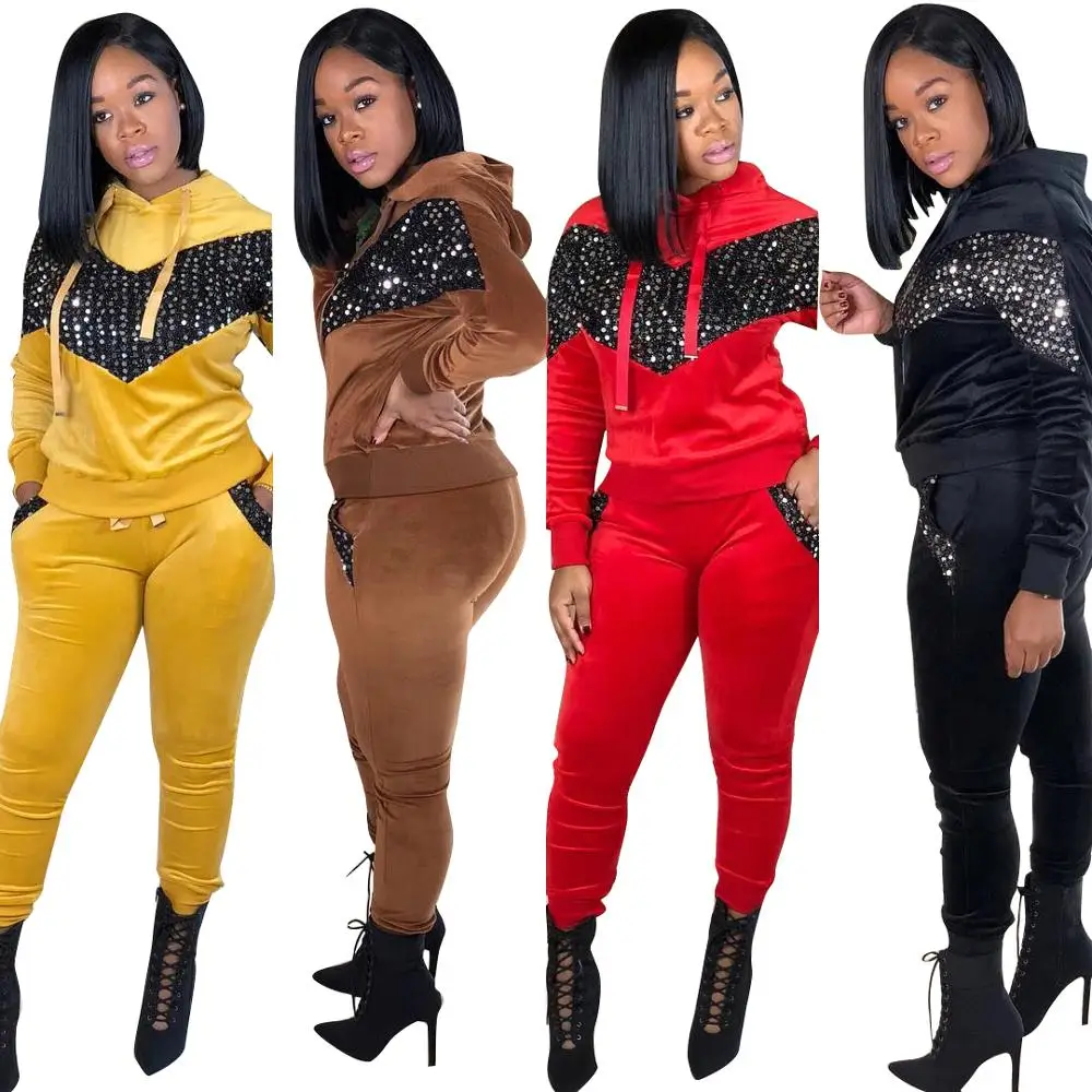 

FM-CM303 2019 Hot sale wholesale custom velvet long sleeve blink two piece pants set women clothing, As the pic