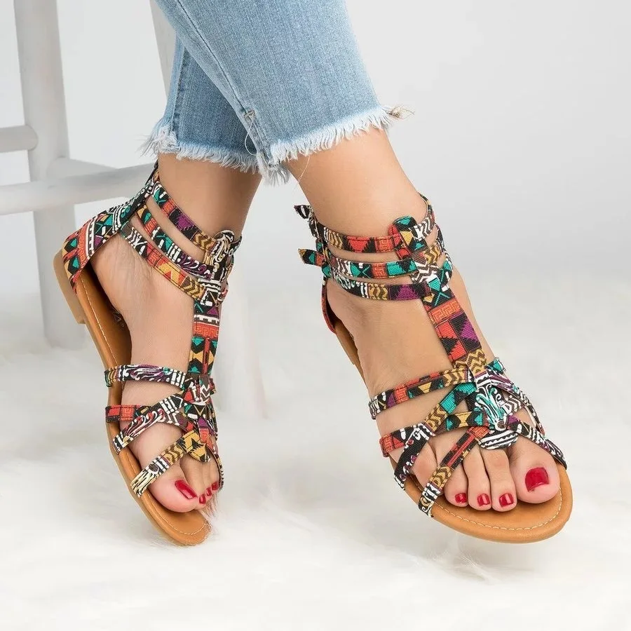 

Women Bohemia Gladiator Flats Shoe Print Open Toe Back Zip Beach Sandals, As picture
