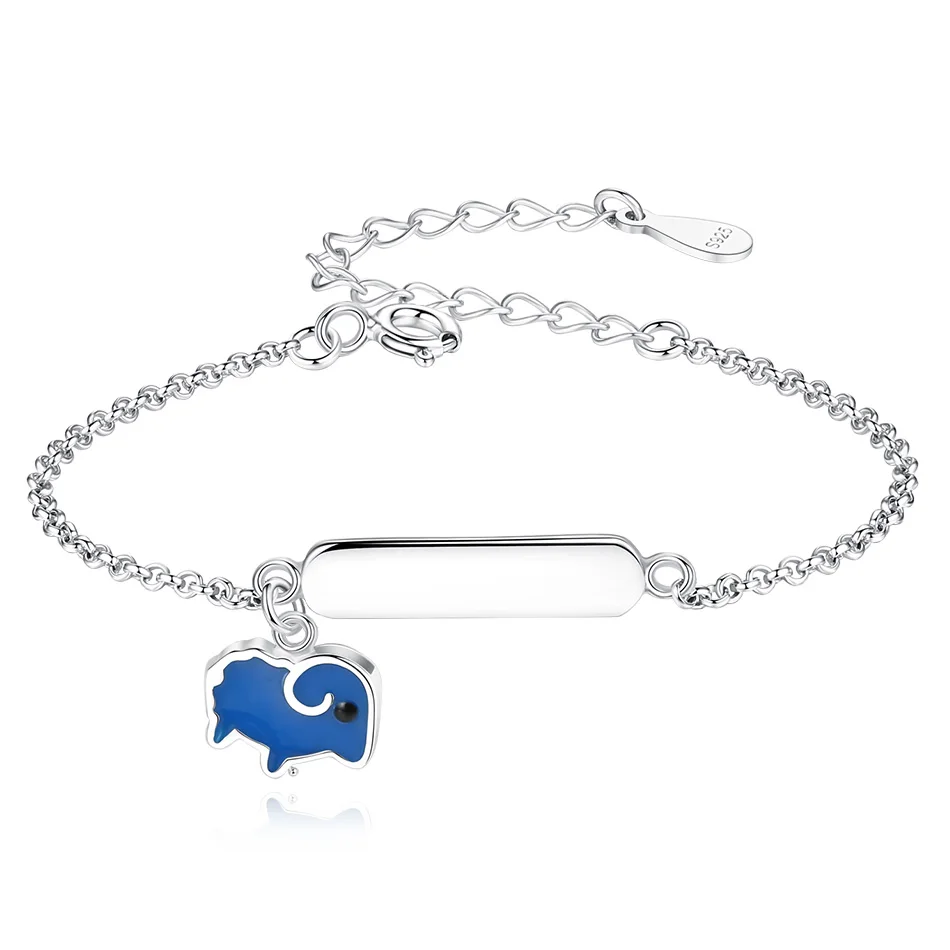 

Real 925 Sterling Silver Bracelet Blue Enamel Sheep Charm Bracelet with Custom Name for Children Wedding Engagement Jewelry, Sliver