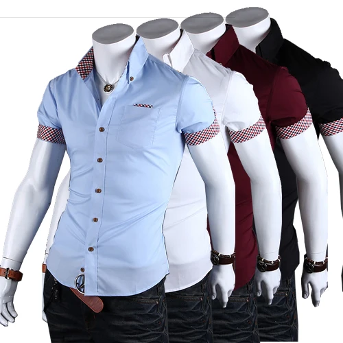 

Amazon Wholesale Mens Short Sleeve Shirt Plaid Shirt, White,black,light blue,wine red