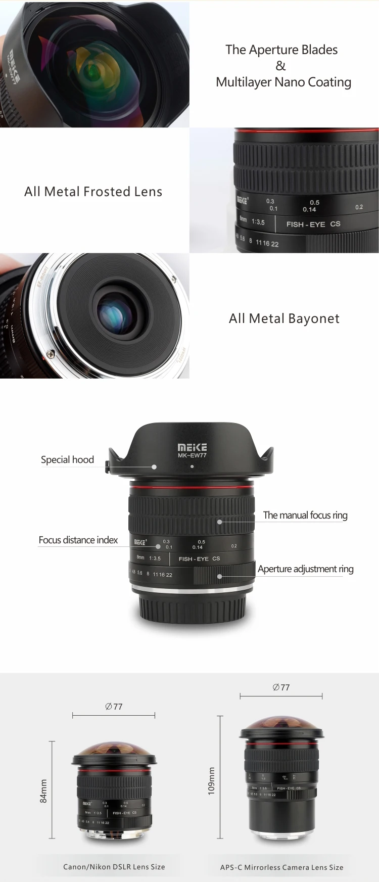 Meike 8mm F3.5 Large Aperture Manual Focus Fisheye Lens for Canon/Nikon/Sony/Olympus/Panasonic/Fujifilm Mirrorless Camera lens