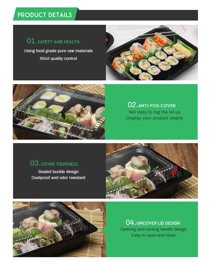 Harvest J-85 Rectangular Disposable Black Plastic Sushi To Go Box