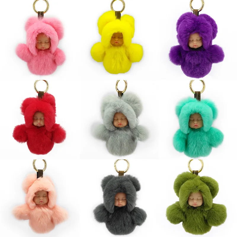 Yongze  Fashion 100% real  rabbit fur key chain Sleep Baby fur souvenir custom keychain manufacturers in china