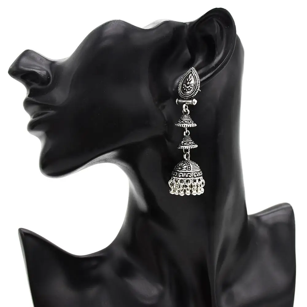 

Bohemian Vintage Antique Metal Bell Drop Earrings Indian Bollywood Oxidized Silver Plated Bahubali Jhumka Jhumki Earrings, As picture