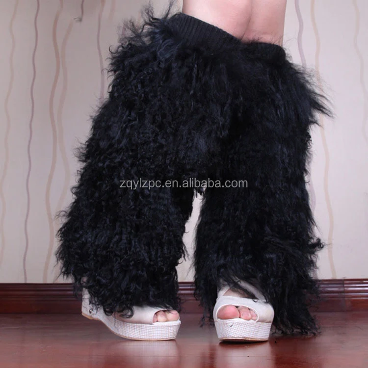 

ALICEFUR Long hair curly Mongolian sheep fur boot topper real tibetan lamb fur leg warmer, Black/white or custom color