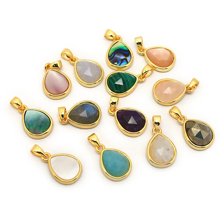 

JF7283 Dainty Faceted Natural Semiprecious Stone Teardrop Pendants,Tiny Gold Bezel Faceted Gem Teardrop Pendant, Green,pink,white,pyrite,peach