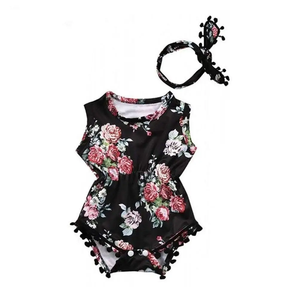 Wcysin Baby Girls Sleeveless Tassel Romper and Headband Set Kid Girls'Floral Clothing Set