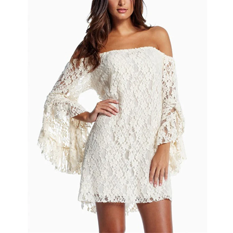 Latest Design Women Fashion White Off Shoulder Lace Long Sleeve Sexy Dress