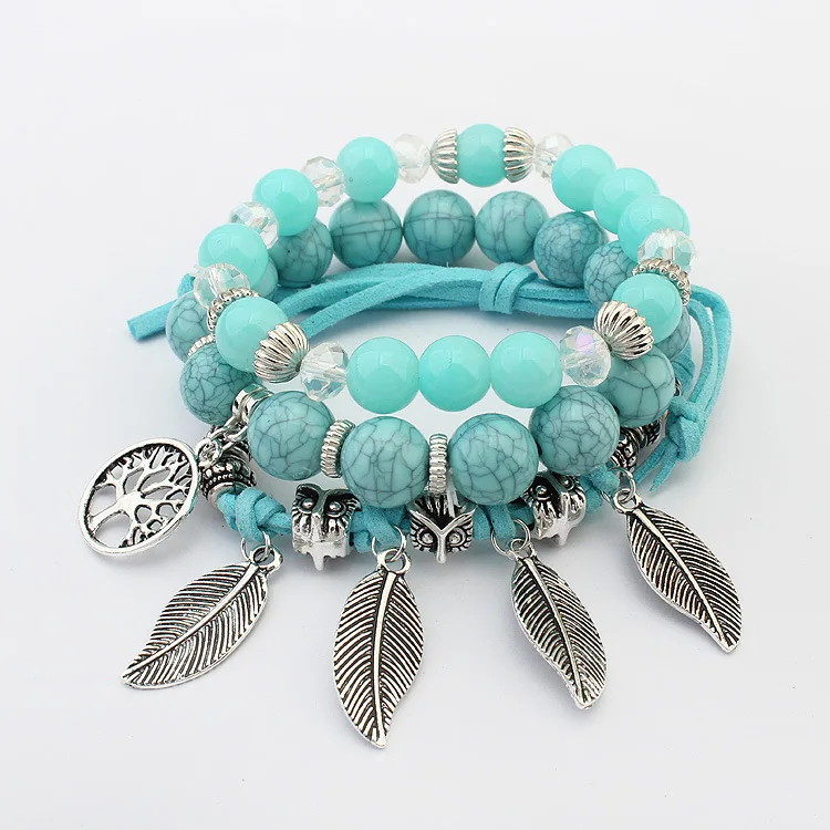 

European Fashion leaf mutil-layer bracelet leather beads for bracelet making handmade bracelet wholesale, Customized color