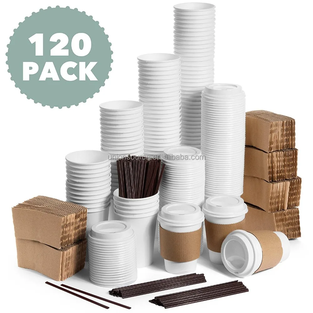 
Set Of 100 Paper Coffee Hot Cups With Travel Lids Sleeves And Stirrers Disposable Coffee Cups 12oz White Hot Coffee Cups 