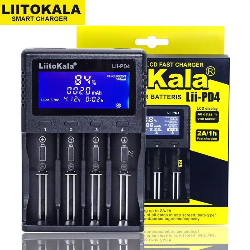 

LiitoKala Lii-PD4 Charger For 18650 26650 21700 18350 3.7V/3.2V/1.2V/1.5V lithium NiMH Battery, Black