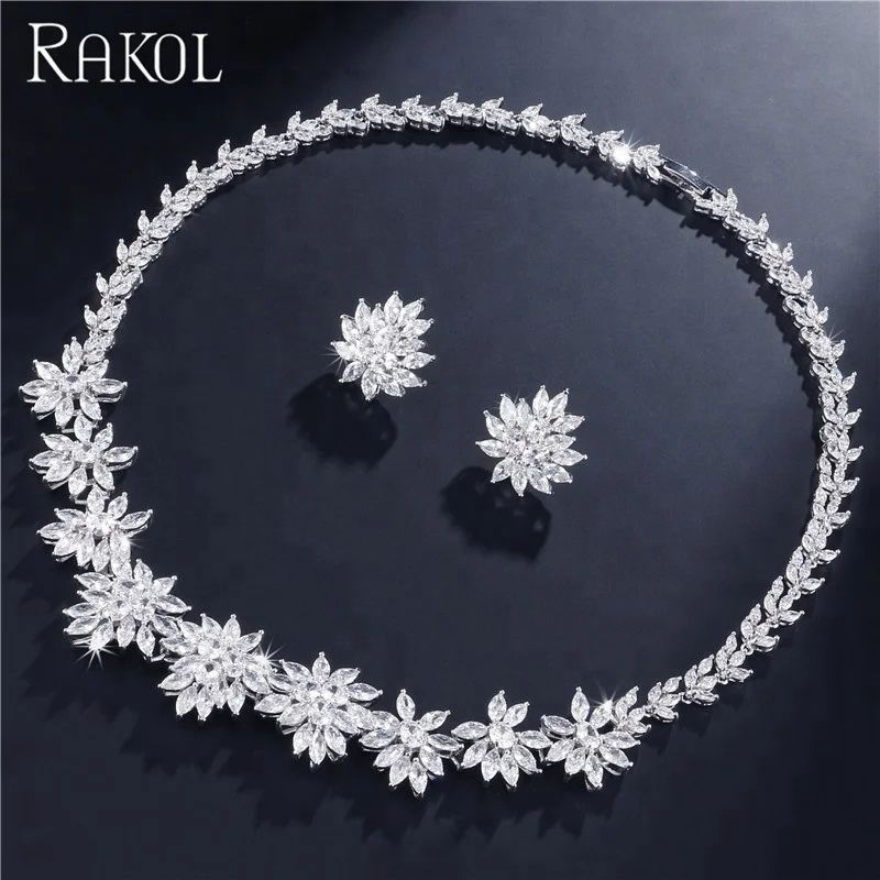 

RAKOL SP140 Luxurious Diamond Flower Wedding Bridal CZ Zircon Necklace Earrings Jewelry Set S140, As picture