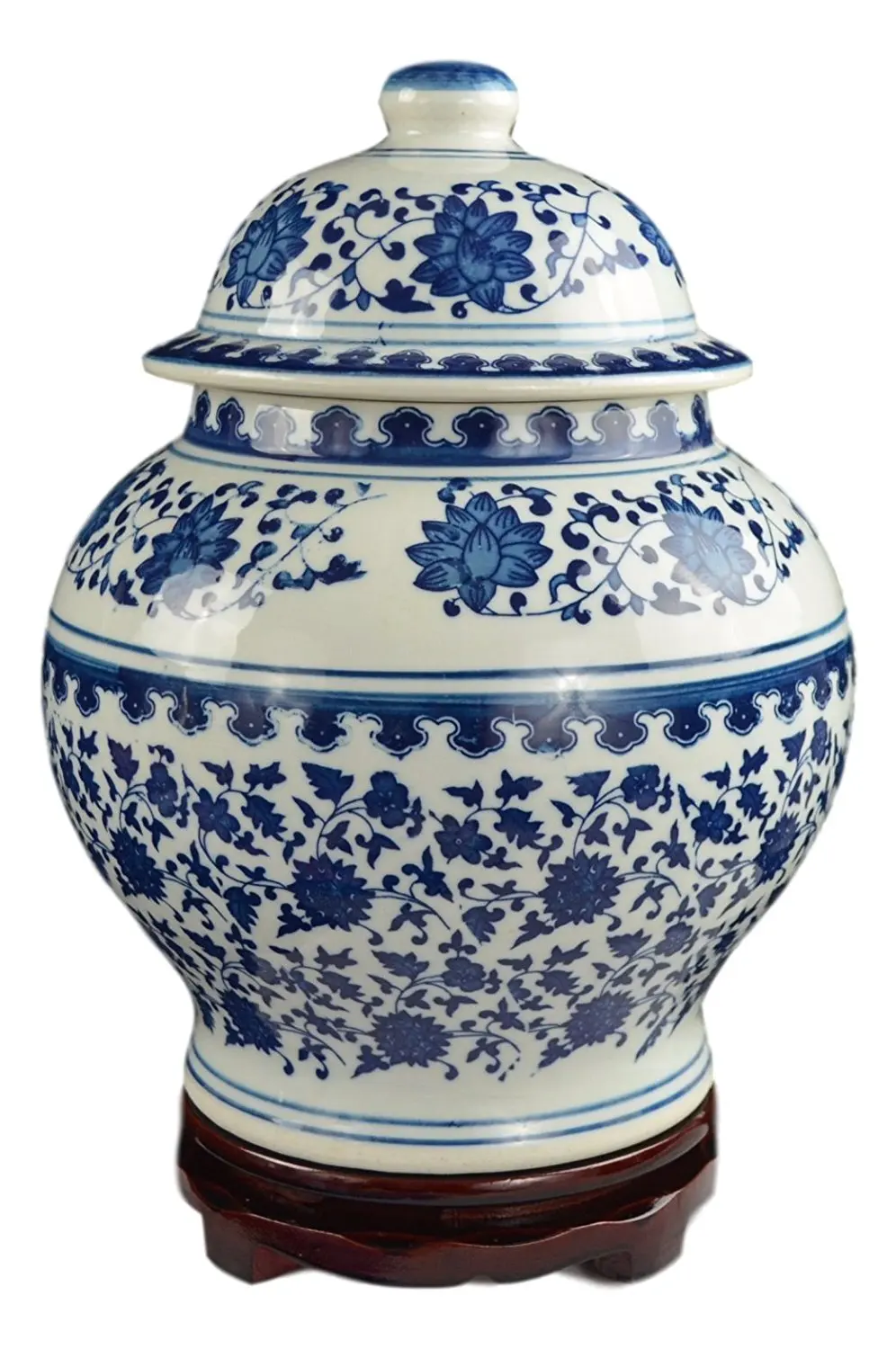 Classic Blue and White Porcelain Covered Jar Vase, China Ming Style, Jingdezhen, Free Wood Base