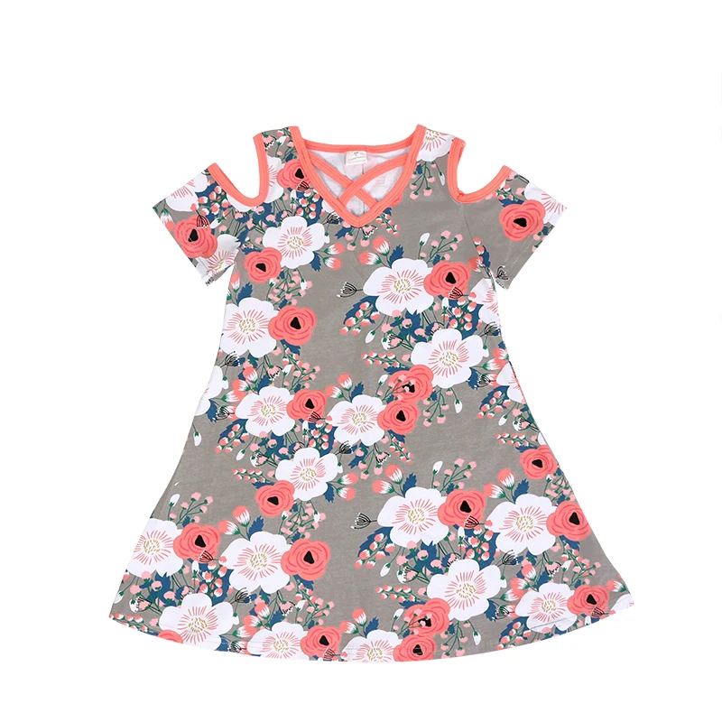 

Wholesale Children Boutique Clothing Girls Hollow Out Sleeve Crisscross Neck Dress Baby Girl Floral Dress, Picture shows