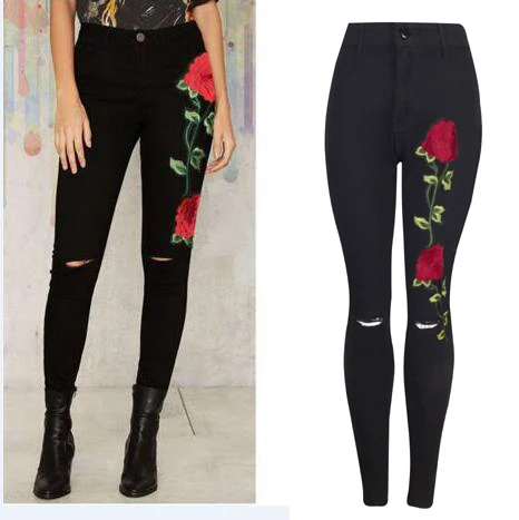 

New High Waist Black Rose Embroidery Jeans Woman Fashion Floral Denim Pants Trousers for Women Jeans