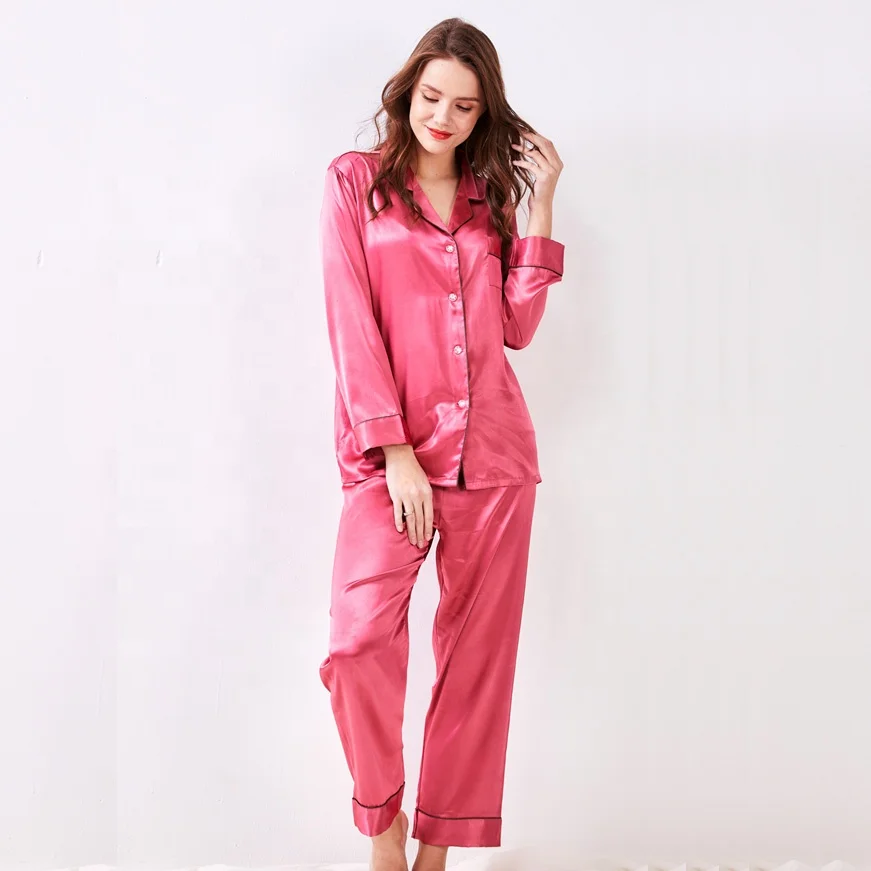 

OEM solid color long sleeve long pants night wear luxury soft pj set satin pajamas