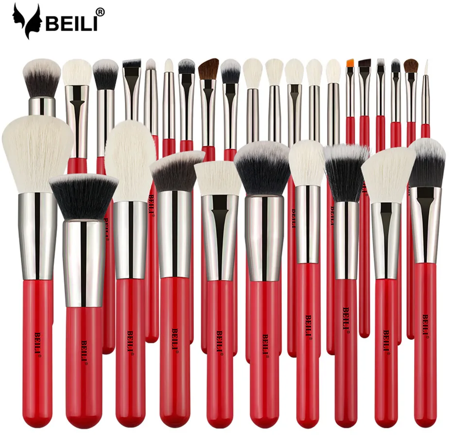 

New Arrival BEILI Brand Red /Silver Professional Makeup Brush Tools kit 30pcs natural hair makeup brushes set custom logo