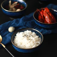 

Japanese style Blue Fambe Ceramic Rice Salad Noodle Bowl Cuisine Soup Bowl Simple Retro Bowl