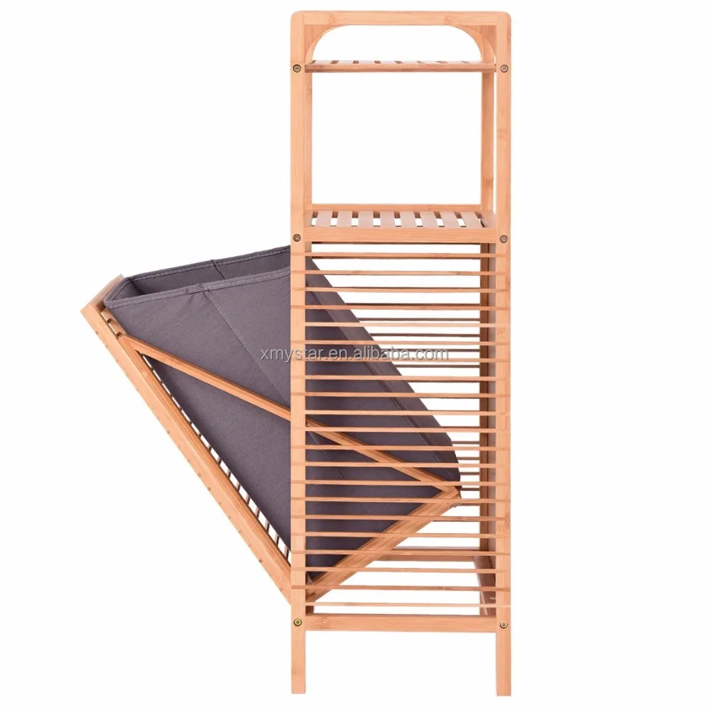 
Tilt-Out Bamboo Laundry Hamper Slat Frame Space Saving Storage with Shelf & Removable Liner, Perfect for Bathrooms factory BSCI 
